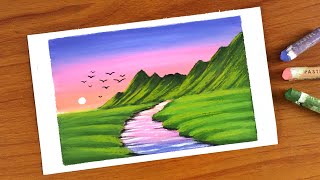 Easy Oil pastel Green Hills Scenery Painting for beginners  Oil Pastel Drawing [upl. by Ahsatel]