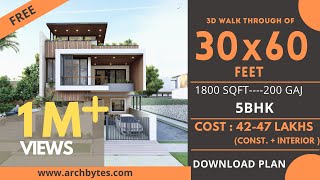 30x60 House Design 3D  1800 Sqft  200 Gaj  5 BHK  Modern Design  Terrace Garden  9x18 Meters [upl. by Dalis]