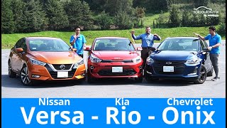 Chevrolet Onix  Kia Rio  Nissan Versa  Test Técnico Comparativo [upl. by Atirehc]