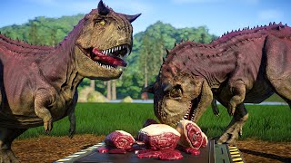 2 Disney Carnotaurus amp 2 TRex Dinosaurs Fighting  Jurassic World Evolution Mods 4K 60FPS [upl. by Ophelia]