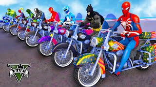 GTA V SPIDERMAN Motorbikes Stunt Racing Challenge SUPERHEROES Army Motorbike JUMP Over The Sea Ramp [upl. by Laurella]