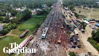 Drone footage shows deadly train crash site in India [upl. by Dowzall]