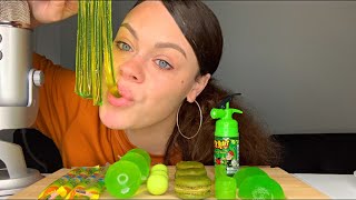 ASMR GREEN FOOD JELLY NOODLES EDIBLE SPOONS TIKTOK JELLY FRUIT MACAROONS GUM BALLS MUKBANG [upl. by Brote498]