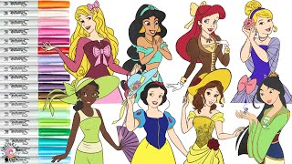 Disney Princess Coloring Book Compilation Aurora Cinderella Moana Jasmine Tiana Belle Ariel Tiana [upl. by Milah179]