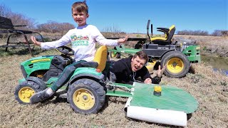 Hudsons new kids mower working on the farm cutting grass and hay  Tractors for kids [upl. by Nwatna]