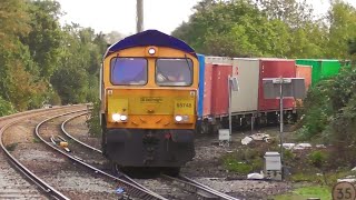 Felixstowe container freight trains passing through westerfield station 231023 [upl. by Aidnama]