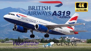 4 K Flight Report Airbus A319 British Airways London Heathrow🇬🇧  Geneva international Airport🇨🇭 [upl. by Acirtap]