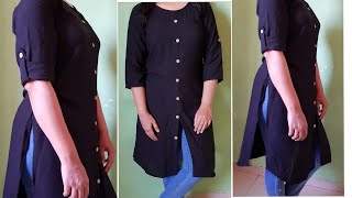 front openslit kurta with folded sleeves  easy cutting and stitching [upl. by Brockwell745]