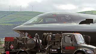 B2 Spirit Bomber conducts hot pit refueling operation in Lajes Field Azores [upl. by Arodaeht133]