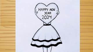 Happy New year 2024 Drawing  A girl Wishing Happy New year 2024  Art Video easy for beginners [upl. by Tessi291]