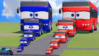 Big amp Small Red Bus Lightning Mcqueen vs Big amp Small Blue Bus Mcqueen vs Train  BeamNGDrive [upl. by Kcirdneked]