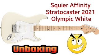 Unboxing of a Squier Affinity Stratocaster 2021 Olympic White [upl. by Tildie]