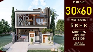 30x60 West Facing House Design 3D  Modern Elevation  Terrace Garden  Interior Design [upl. by Niamor]