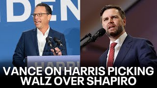 JD Vance reacts to Josh Shapiro not being selected as Kamala Harris running mate [upl. by Sinnod]