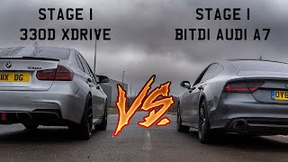 Drag Race TUNED 330BHP BMW F30 330D XDRIVE vs TUNED 380BHP AUDI A7 C7 BITDI QUATTRO [upl. by Gypsie144]