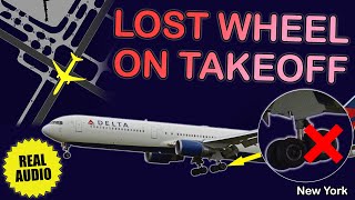 Delta Boeing 767 LOST THE WHEEL on takeoff from New York Kennedy Airport Real ATC audio [upl. by Lybis]