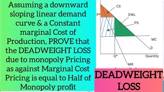 deadweight loss due to Monopoly pricing as against MC pricing half of the Monopoly profit  proof [upl. by Aloek]