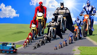 Big amp Small Spiderman on a motorcycle vs Batman on a motorcycle vs Volt on a motorcycle vs Trains [upl. by Norrej]