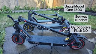 Escooter Comparison Segway Ninebot Gyrocopters Flash 30 amp Unagi Model One E500 [upl. by Meave]