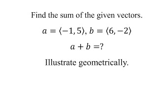 Find the sum of the given vectors𝑎⟨−1 5⟩ 𝑏⟨6 −2⟩𝑎𝑏Illustrate geometrically [upl. by Suanne955]