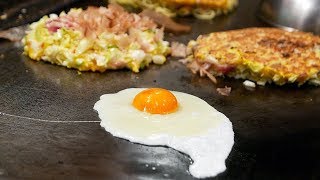 Japanese Street Food  OKONOMIYAKI Seafood Pancake Osaka Japan [upl. by Nahsyar]