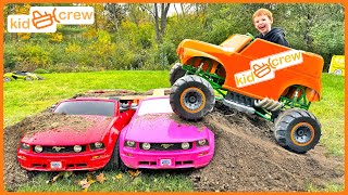 Crushing Power Wheels with ride on kids Monster Truck Educational how monster trucks work  Kid Crew [upl. by Laleb]