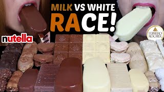 ASMR MILK VS WHITE CHOCOLATE DESSERT RACE FERRERO ROCHER BARS BIG ICE CREAM BARS KINDER NUTELLA [upl. by Kieryt]