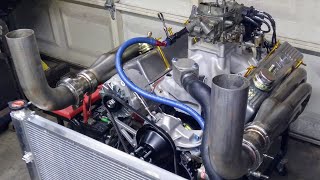 500hp 357ci SBC 3 inch bull horns for turbo headers amp radiator for run stand [upl. by Abbotson]