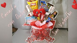 🧸 Canasta con dulces 🍬 para San Valentín 💕 14 de febrero arreglo con dulces para vender Diy [upl. by Ynehpets]