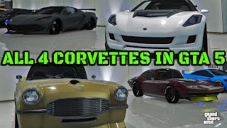 GTA Online  ALL 4 CORVETTES Showcase  Coquette BlackFin  Classic  D10  Chevrolet Corvette [upl. by Tsuda]