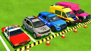 CHEVROLET DACIA FORD VOLKSWAGEN POLICE CARS amp FORD AMBULANCE EMERGENCY TRANSPORTING  FS22 [upl. by Rieger]