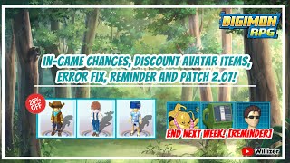 Digimon RPG  Ingame changes Discount Avatar Items Error Fix Reminder and Patch 207 [upl. by Yeslrahc]