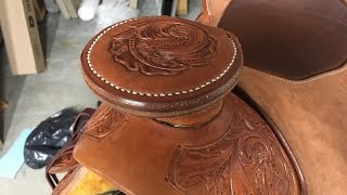 Saddle Making  sewing a wood post horn cap [upl. by Atinev]