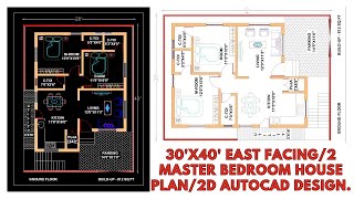 30x40 east facing2 master bedroom house plan2D AutoCAD design [upl. by Sophey]