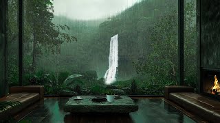 Living Room with Waterfall View for Sleeping Meditate 🌧️ Fireplace and Rain Sound [upl. by Nic]