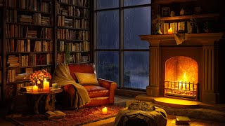 Cozy Reading Nook Ambience with Smooth Jazz Music  Rain on Window amp Warm Fireplace Sounds for Sleep [upl. by Wallach]