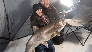 45quot Giant Lake Trout Ice Fishing at Bakers Narrows Lodge [upl. by Naesar]