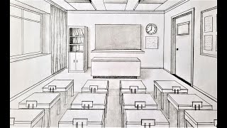 How to draw a room in one point perspective a classroom [upl. by Aitnic563]