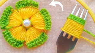 Its so Beautiful 💖🌟 Superb Woolen Flower Making Trick With Fork  diy Amazing Woolen Flower Design [upl. by Neelsaj43]