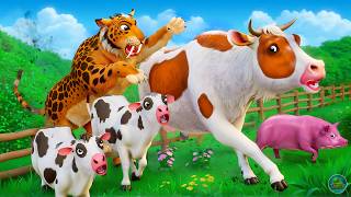 Wild Escape Hungry Tiger Attack on Cow  Farm Animals Race for Survival  Animal Kingdom Calf Pig [upl. by Lemal]