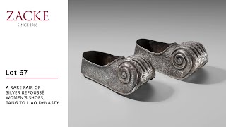 Lot67 A RARE PAIR OF SILVER REPOUSSÉ WOMEN’S SHOES TANG TO LIAO DYNASTY [upl. by Rihat]