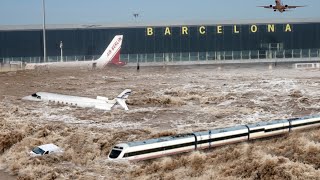 Barcelona airport and metro flooded Spain on alert Highways submerged as extreme rain strike [upl. by Noyahs496]