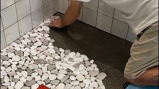 ”Installing Shower pebble’s piece by piece” diy howto tiles mosiac pebbles shower timelapse [upl. by Alhsa]