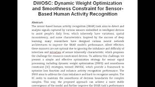 DWOSC Dynamic Weight Optimization and Smoothness Constraint for Sensor Based Human Activity Recognit [upl. by Anahgem515]