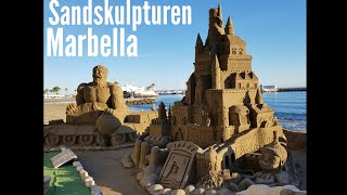 Sandskulpturen in Marbella Playa Sandfiguren Beach Strand Sandmann Figuren Hulk Handgemacht [upl. by Yelsnit]