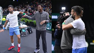 Djokovics Reaction When Monfils Interrupted His Training and Surprised Him with a Crazy Dance [upl. by Ardnuasac]