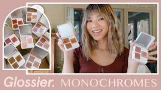 NEW Glossier Monochromes Eyeshadow Review ⭐️ 8 palettes swatched comparison application amp discount [upl. by Eltsyrhc]