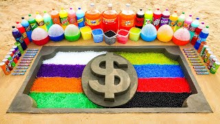 How to make US Dollar Logo with Cement amp Orbeez Rainbow Mixing Coca Cola Fanta Mirinda vs Mentos [upl. by Nicolella]