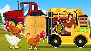 Farmer Bear Harvesting Straw for Chickens Trucks Forklifts Cranes Vehicles Farm Animated [upl. by Jolene]