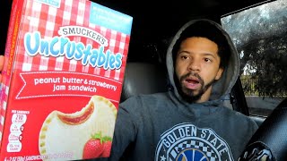 SMUCKERS UNCRUSTABLES PEANUT BUTTER AND STRAWBERRY JAM SANDWICH REVIEW [upl. by Naie15]